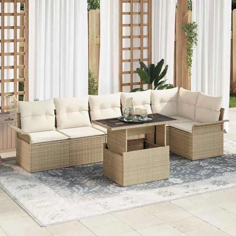 Conjunto de sofá de jardín con cojín 7 pcs Beige Poliratán