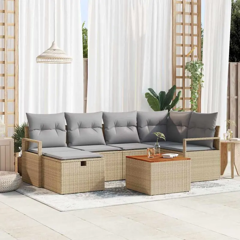 Conjunto de sofá de jardín con cojín 7 pcs Beige Poliratán