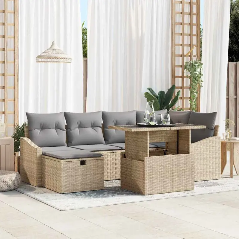 Conjunto de sofá de jardín con cojín 7 pcs Beige Poliratán