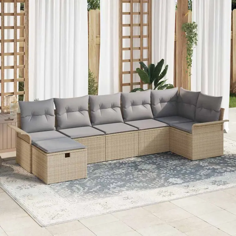 Conjunto de sofá de jardín con cojín 7 pcs Beige Poliratán