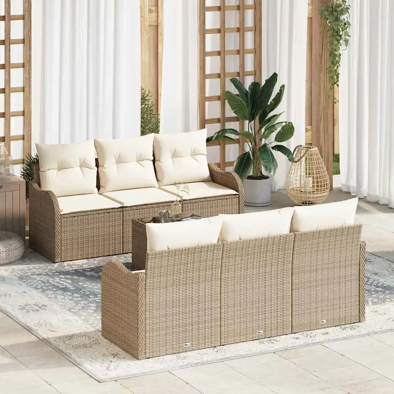 Conjunto de sofá de jardín con cojín 7 pcs Beige y Crema