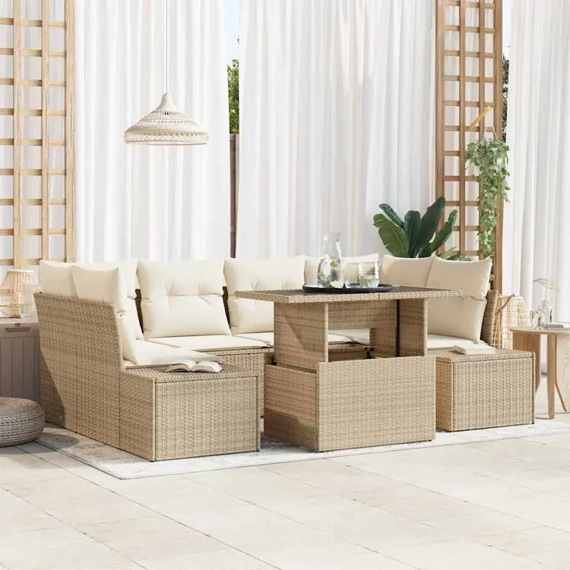 Conjunto de sofá de jardín con cojín 7 pcs Beige y Crema