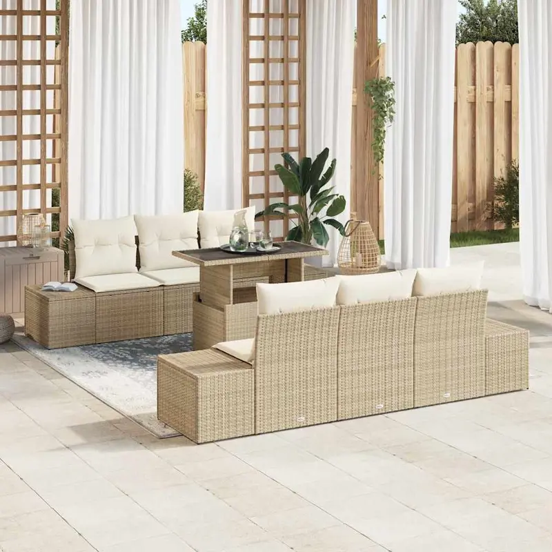 Conjunto de sofá de jardín con cojín 7 pcs Beige y Crema