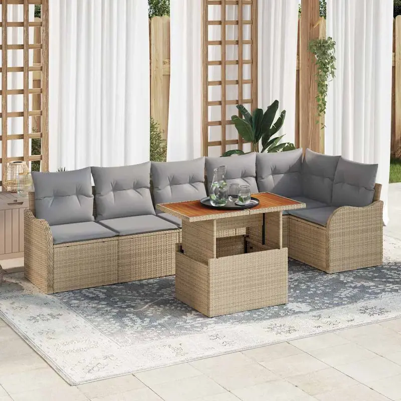 Conjunto de sofá de jardín con cojín 7 pcs beige y gris claro
