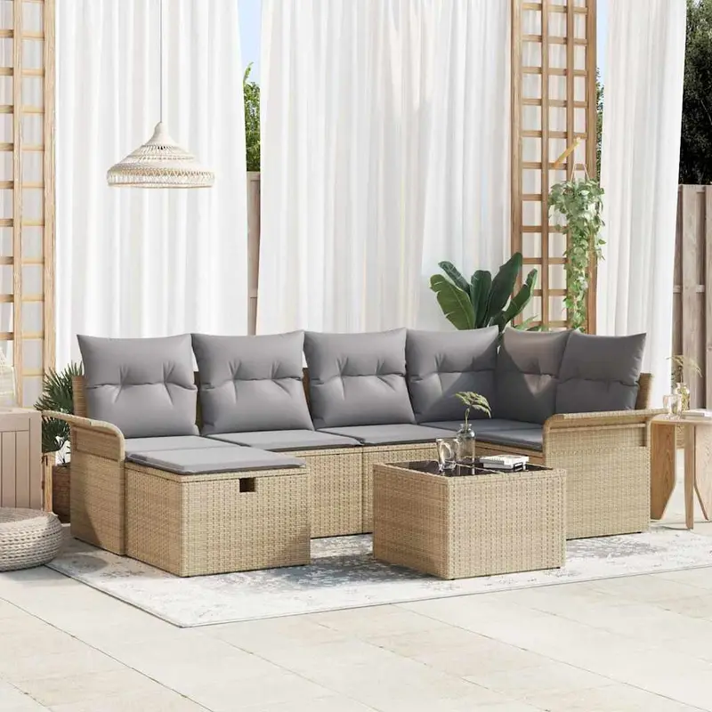 Conjunto de sofá de jardín con cojín 7 pcs Beige y Gris Claro