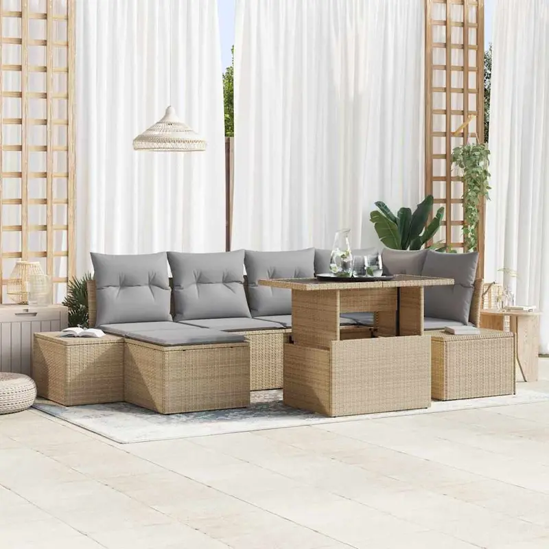 Conjunto de sofá de jardín con cojín 7 pcs beige y gris claro