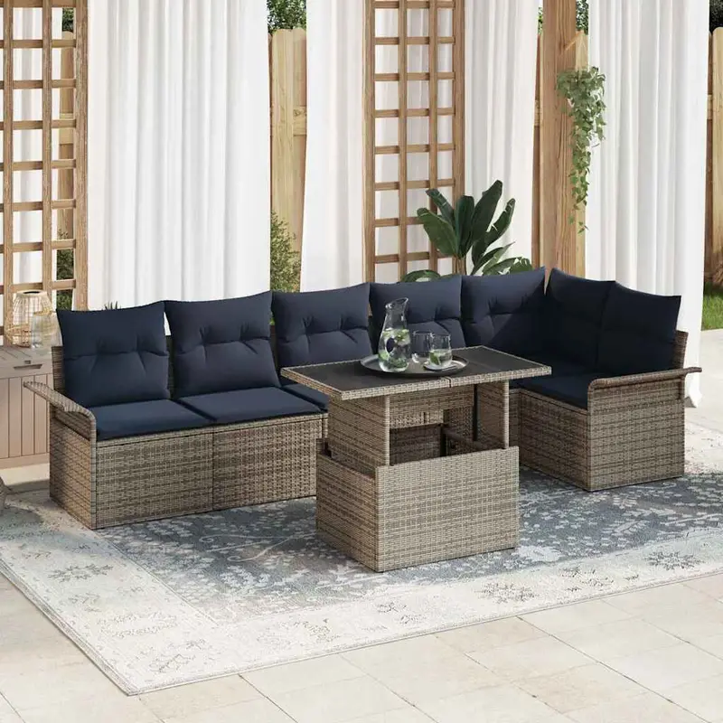 Conjunto de sofá de jardín con cojín 7 pcs Gris Poliratán