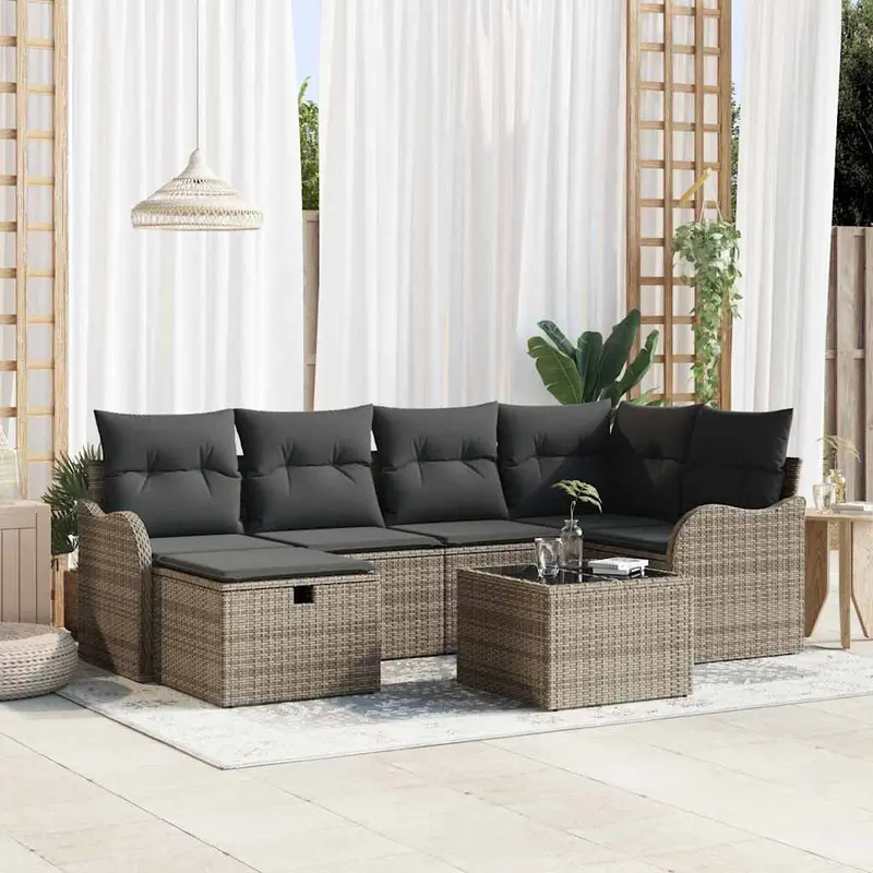 Conjunto de sofá de jardín con cojín 7 pcs Gris Poliratán