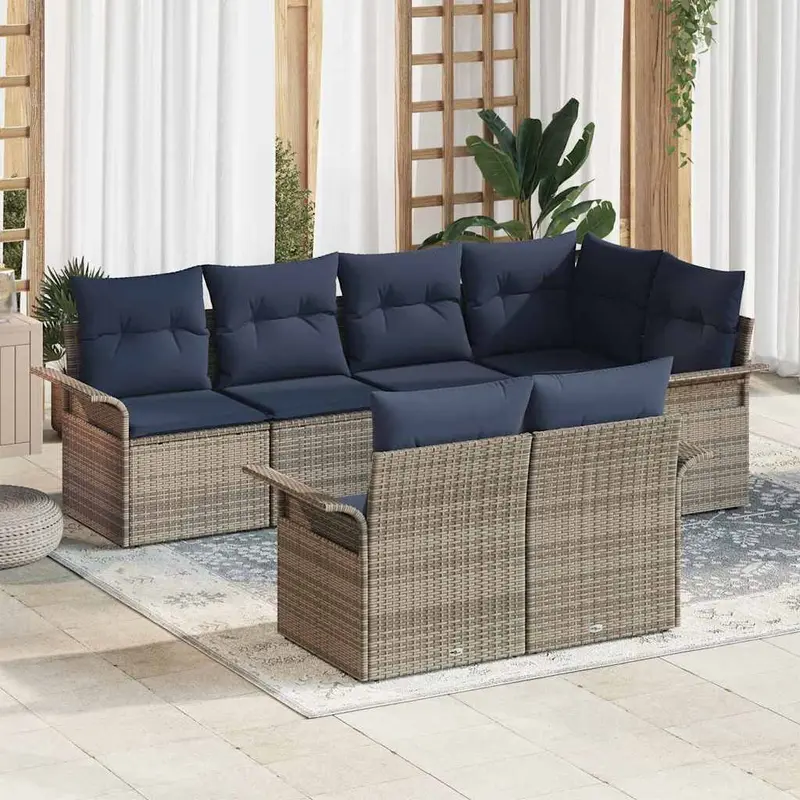 Conjunto de sofá de jardín con cojín 7 pcs Gris Poliratán