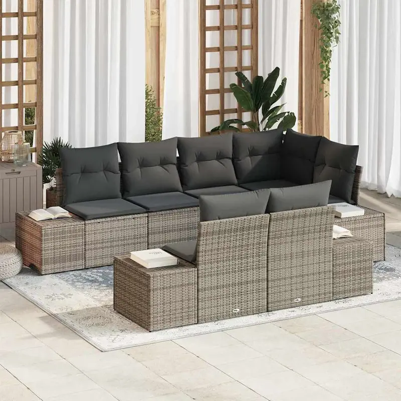 Conjunto de sofá de jardín con cojín 7 pcs Gris Poliratán