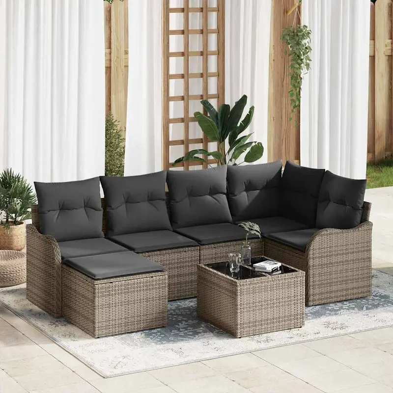 Conjunto de sofá de jardín con cojín 7 pcs Gris Poliratán