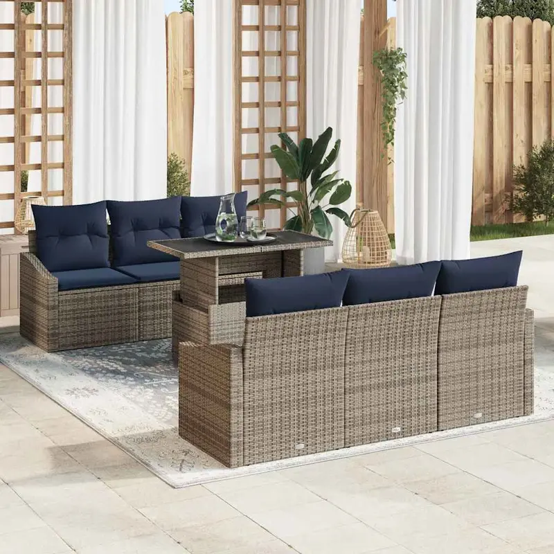 Conjunto de sofá de jardín con cojín 7 pcs Gris ratán sintético