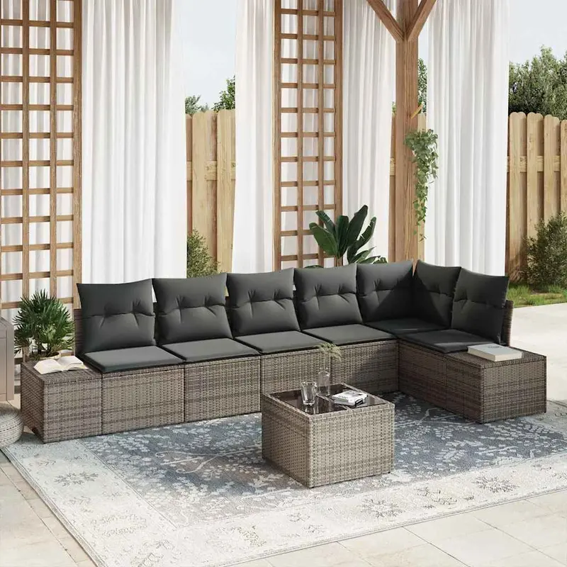 Conjunto de sofá de jardín con cojín 7 pcs Gris ratán sintético