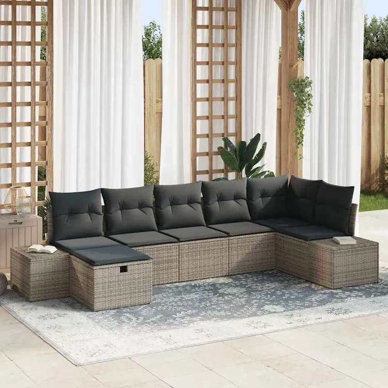 Conjunto de sofá de jardín con cojín 7 pcs Gris ratán sintético