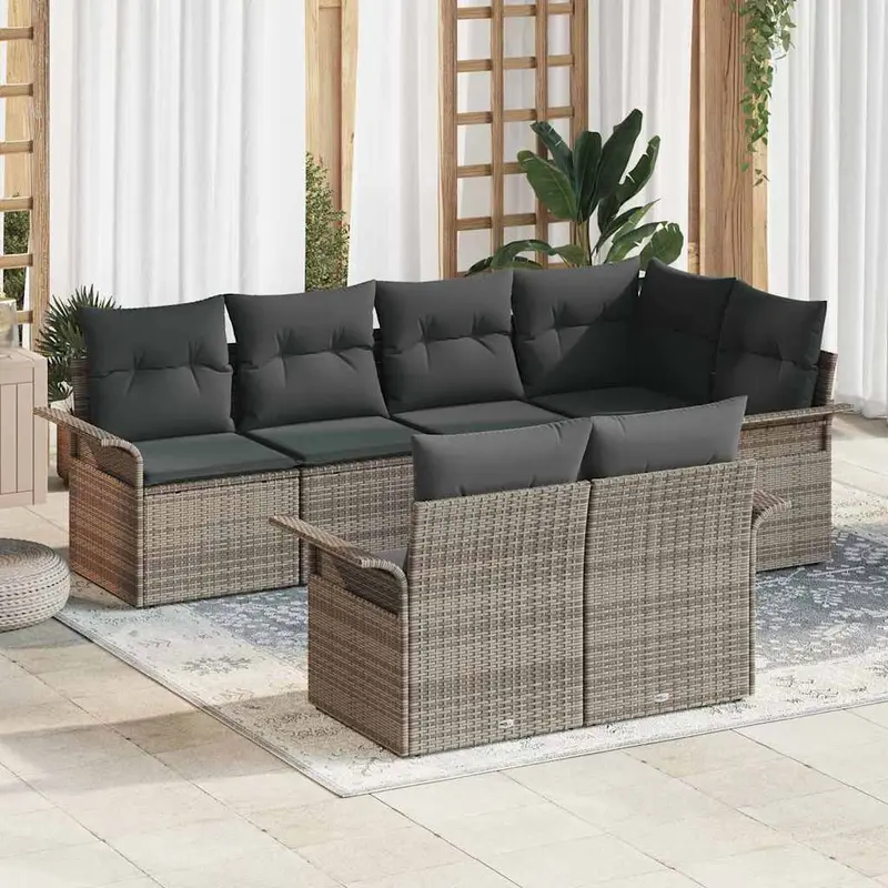 Conjunto de sofá de jardín con cojín 7 pcs Gris ratán sintético