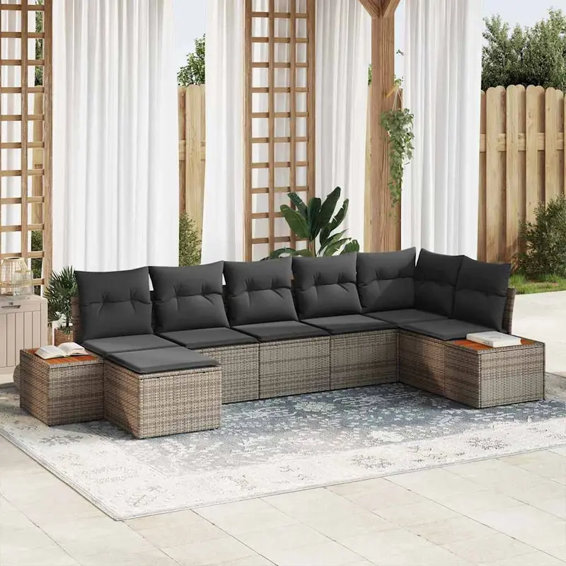 Conjunto de sofá de jardín con cojín 7 pcs Gris ratán sintético