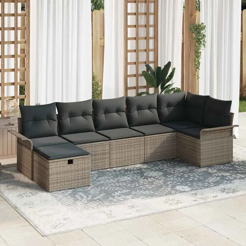 Conjunto de sofá de jardín con cojín 7 pcs Gris ratán sintético