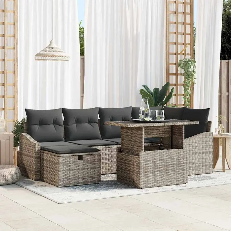 Conjunto de sofá de jardín con cojín 7 pcs Gris ratán sintético