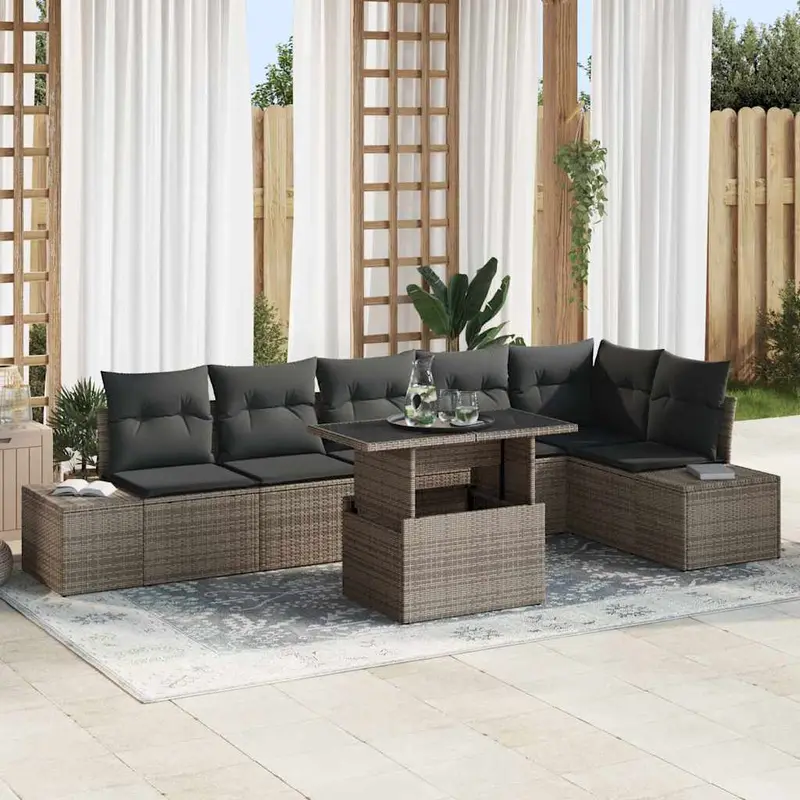 Conjunto de sofá de jardín con cojín 7 pcs Gris ratán sintético