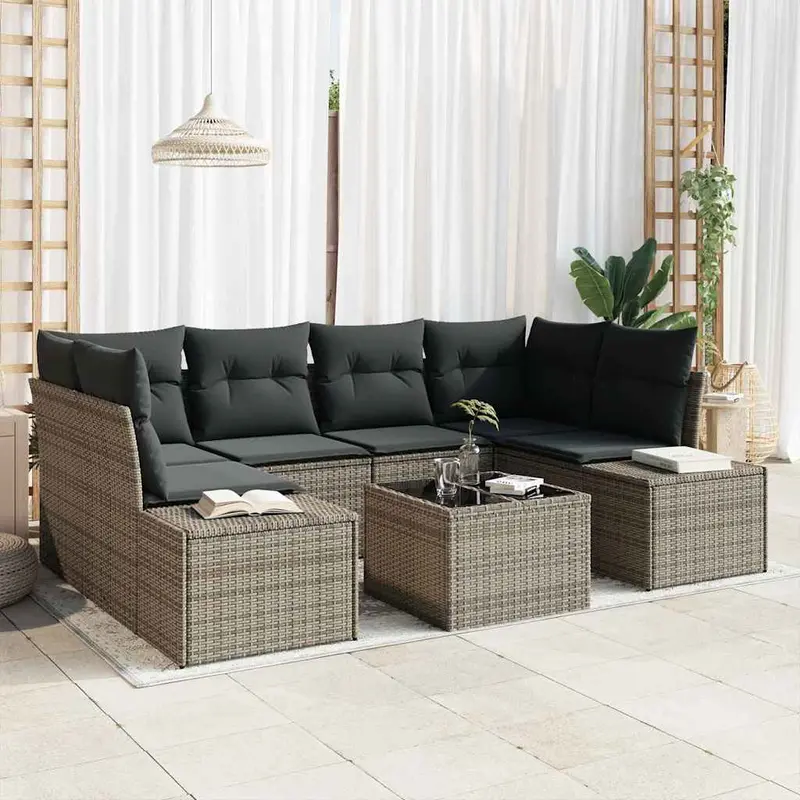 Conjunto de sofá de jardín con cojín 7 pcs Gris ratán sintético