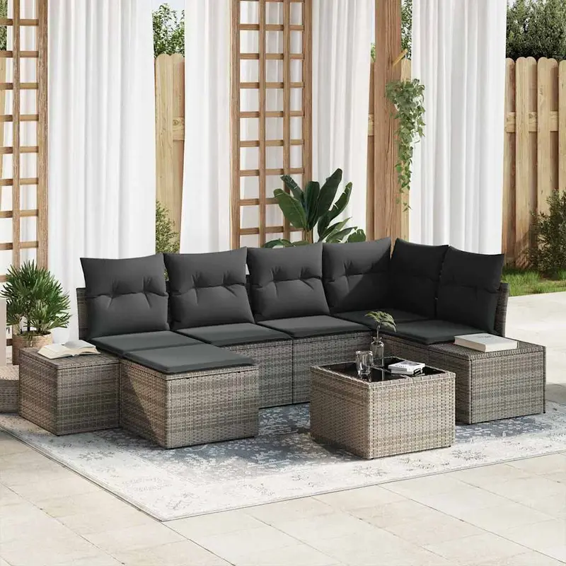Conjunto de sofá de jardín con cojín 7 pcs Gris ratán sintético