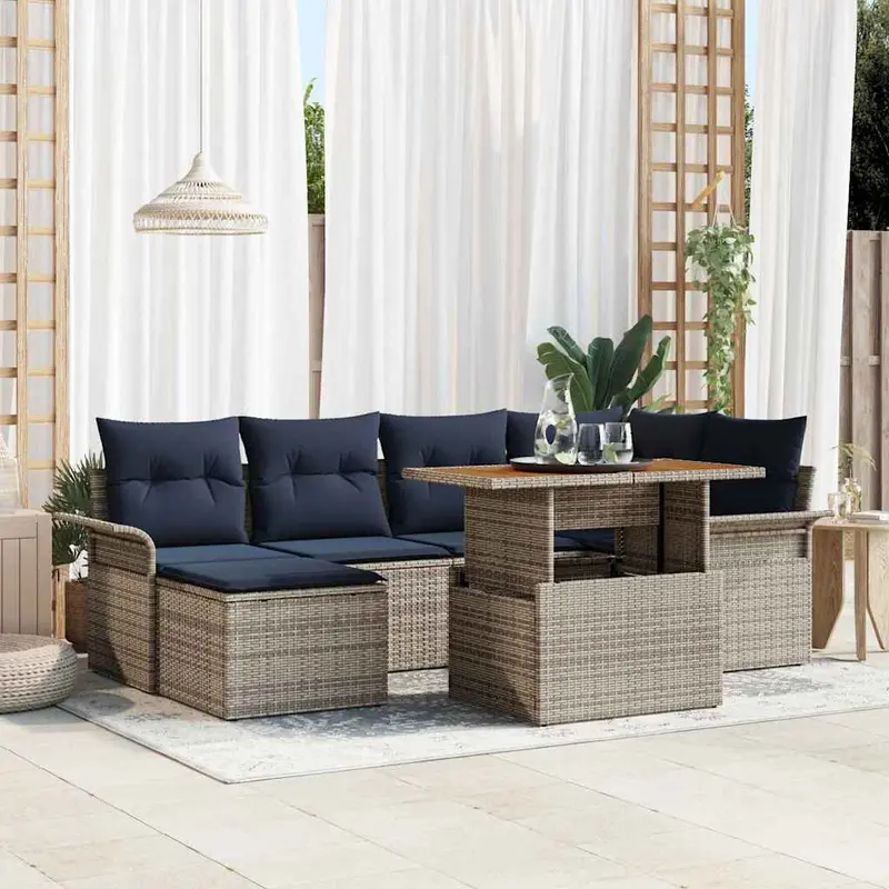 Conjunto de sofá de jardín con cojín 7 pcs gris y azul marino