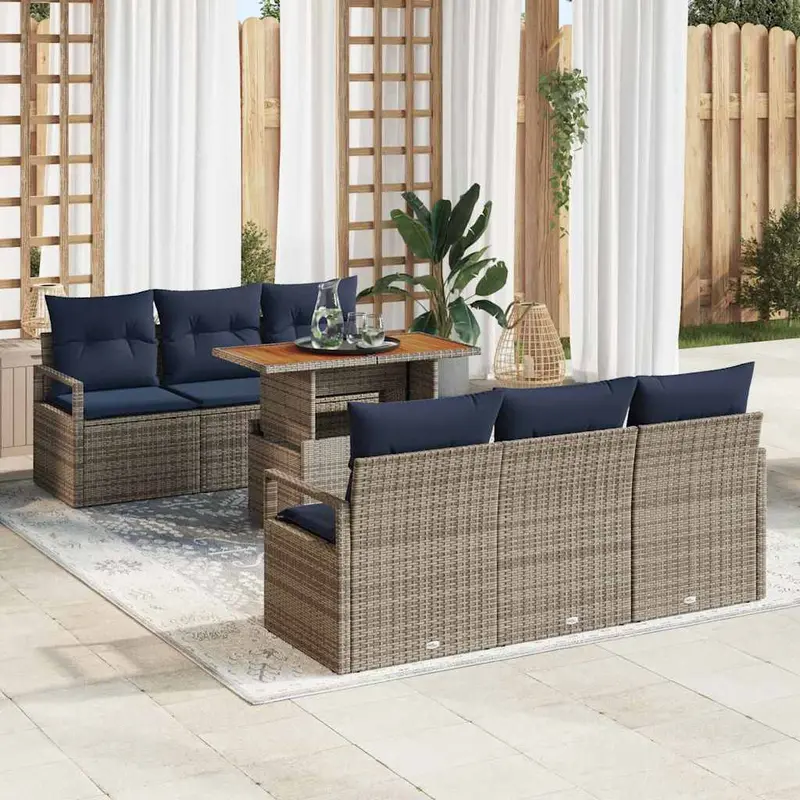 Conjunto de sofá de jardín con cojín 7 pcs gris y azul marino