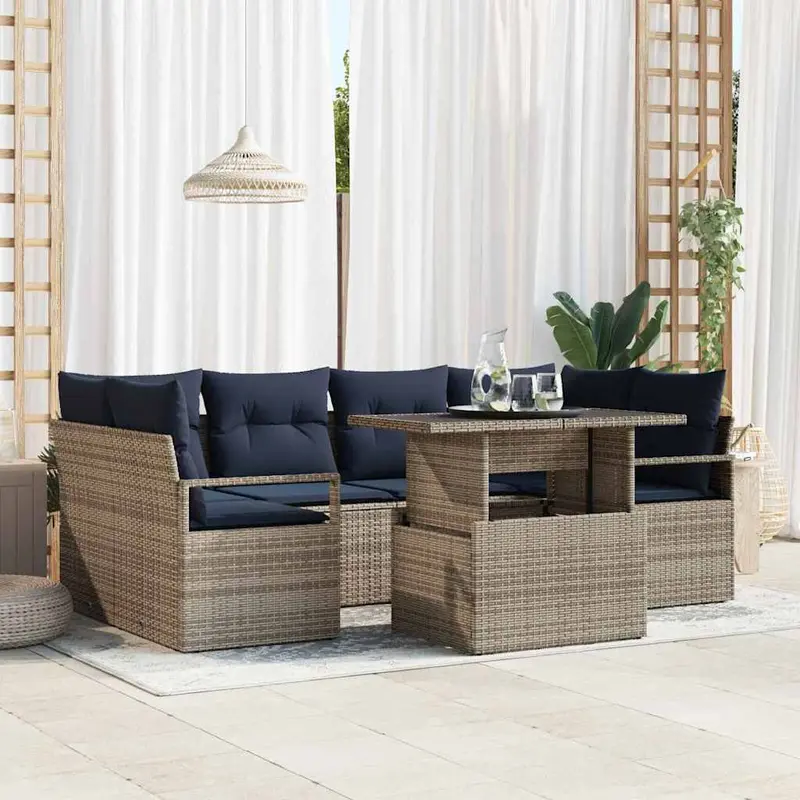 Conjunto de sofá de jardín con cojín 7 pcs gris y azul marino