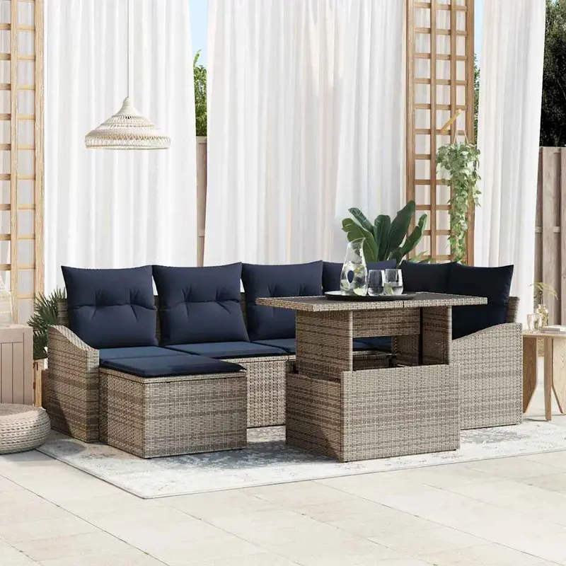 Conjunto de sofá de jardín con cojín 7 pcs Gris y marino