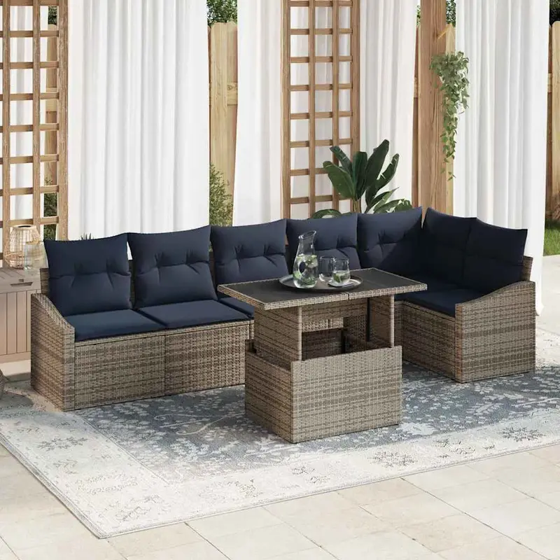 Conjunto de sofá de jardín con cojín 7 pcs Gris y marino