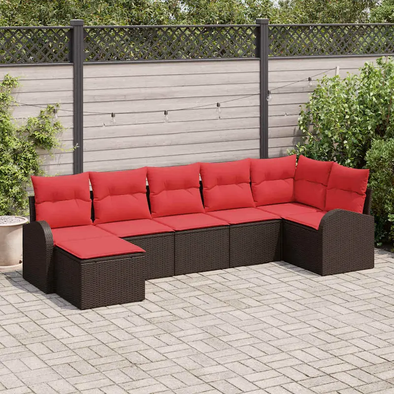 Conjunto de sofá de jardín con cojín 7 pcs Marrón Poliratán