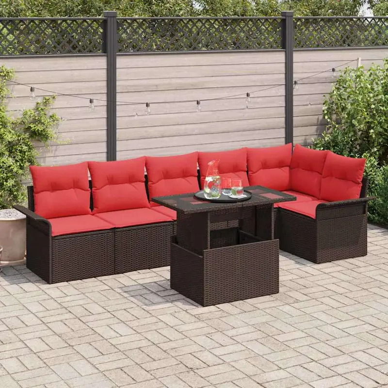 Conjunto de sofá de jardín con cojín 7 pcs Marrón Poliratán