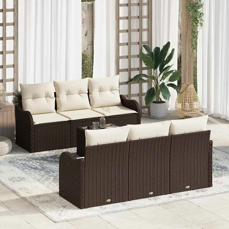 Conjunto de sofá de jardín con cojín 7 pcs Marrón y crema