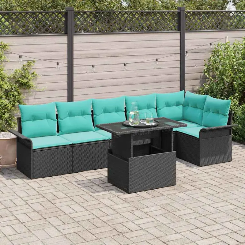 Conjunto de sofá de jardín con cojín 7 pcs Negro Poliratán