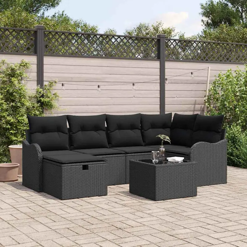 Conjunto de sofá de jardín con cojín 7 pcs Negro Poliratán