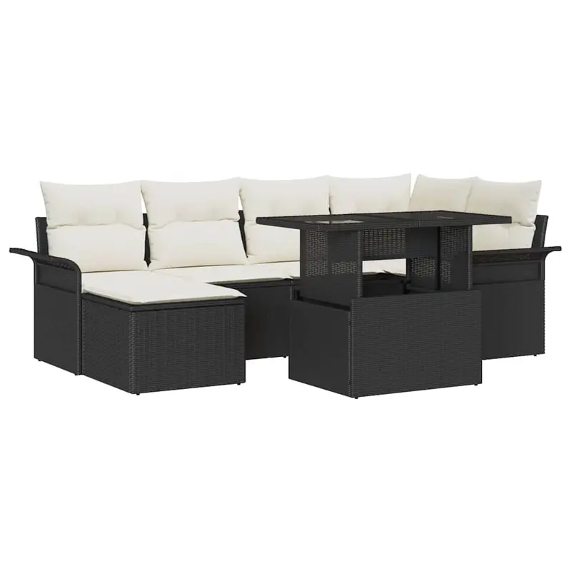 Conjunto de sofá de jardín con cojín 7 pcs Negro Poliratán