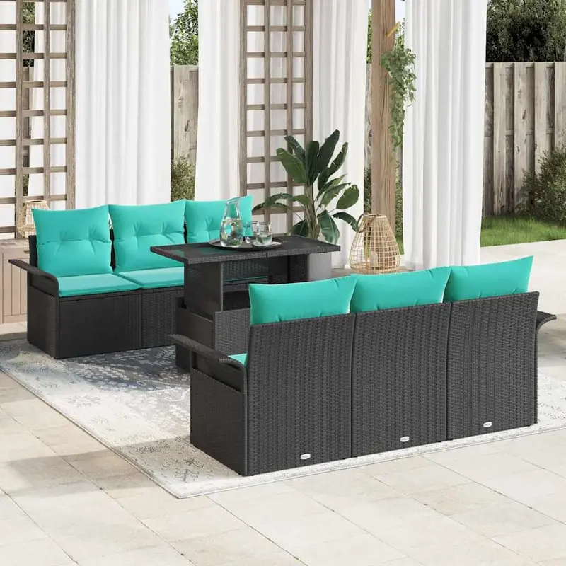 Conjunto de sofá de jardín con cojín 7 pcs Negro Poliratán
