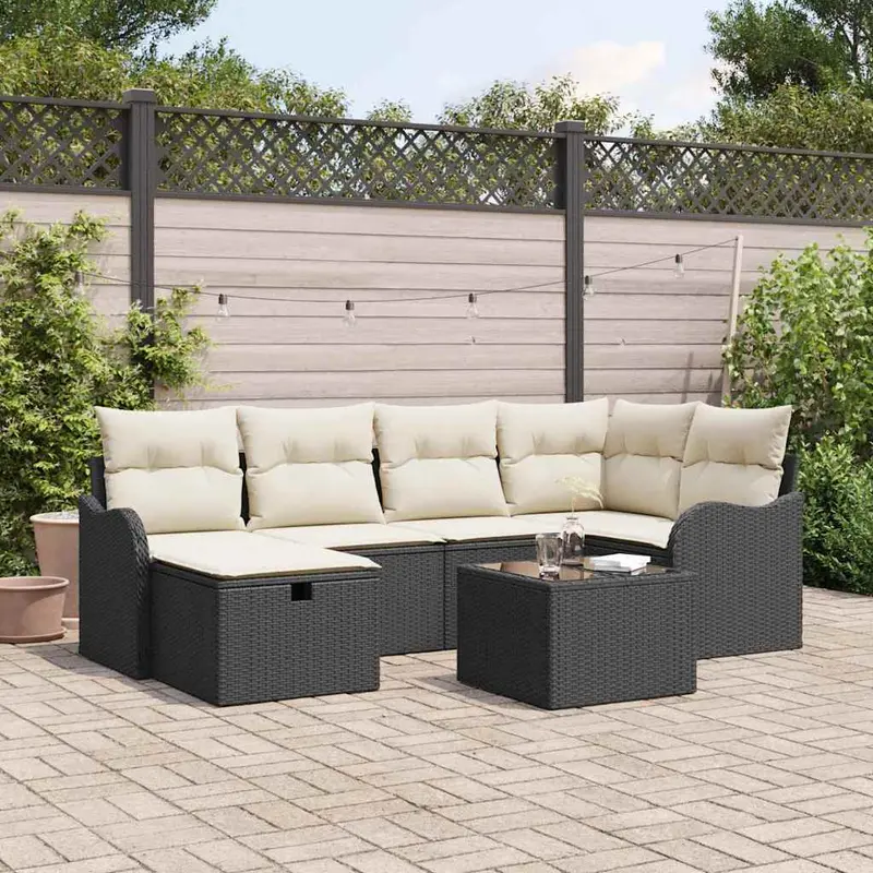Conjunto de sofá de jardín con cojín 7 pcs Negro Poliratán