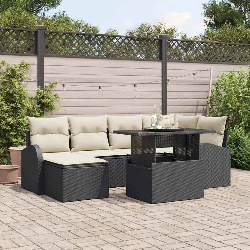 Conjunto de sofá de jardín con cojín 7 pcs Negro y crema