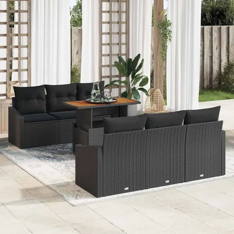 Conjunto de sofá de jardín con cojín 7 pcs Negro y Marrón
