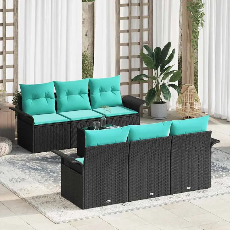 Conjunto de sofá de jardín con cojín 7 pcs Negro y Turquesa