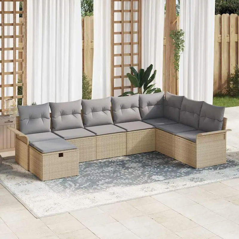 Conjunto de sofá de jardín con cojín 8 pcs Beige Poliratán