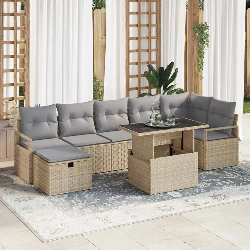 Conjunto de sofá de jardín con cojín 8 pcs Beige Poliratán