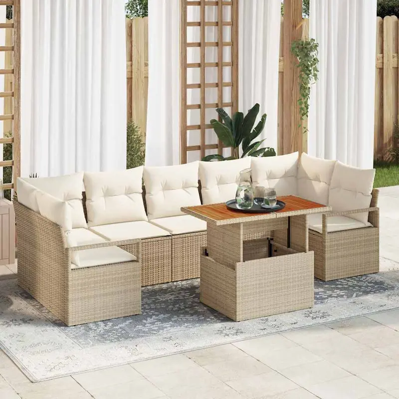 Conjunto de sofá de jardín con cojín 8 pcs Beige y Crema