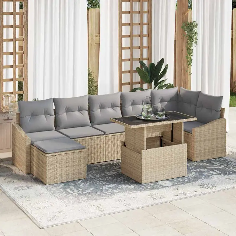 Conjunto de sofá de jardín con cojín 8 pcs Beige y Gris Claro