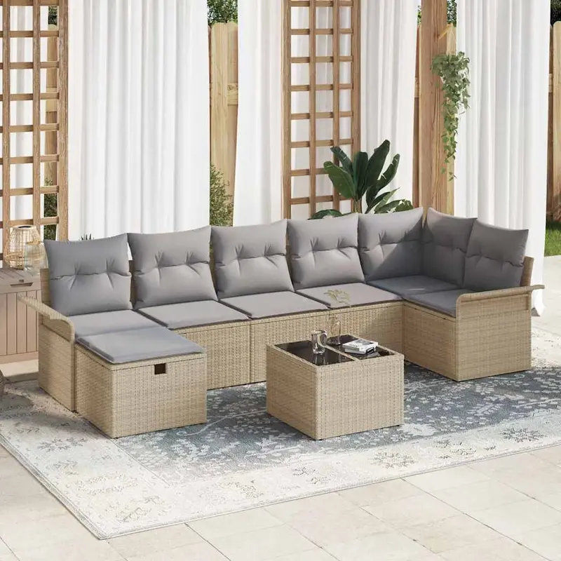 Conjunto de sofá de jardín con cojín 8 pcs Beige y Gris Claro