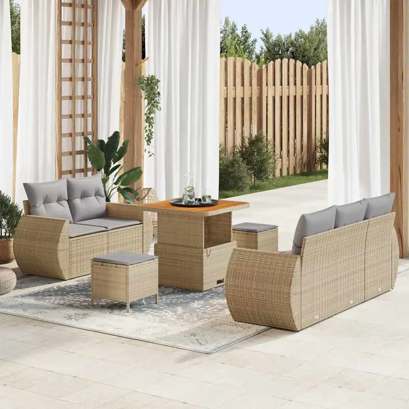 Conjunto de sofá de jardín con cojín 8 pcs Beige y Gris Claro