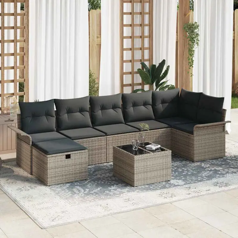 Conjunto de sofá de jardín con cojín 8 pcs Gris Poliratán