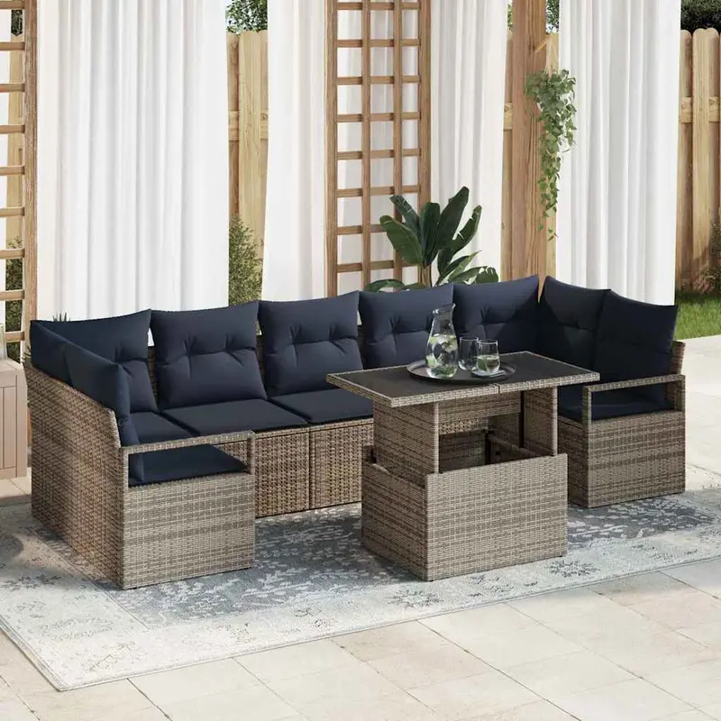 Conjunto de sofá de jardín con cojín 8 pcs gris y azul marino