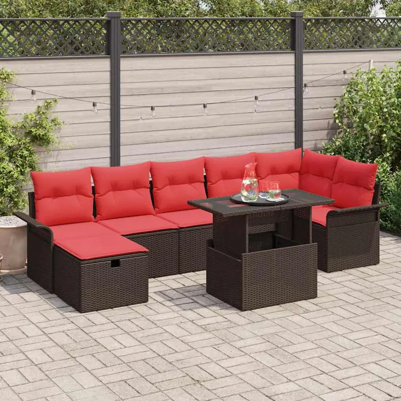 Conjunto de sofá de jardín con cojín 8 pcs Marrón Poliratán